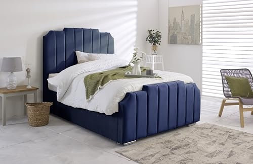 MOORCROFT BEDS 5FT King Ottoman Storage Solid Divan Base Amelia Panel Bed Frame With Headboard Upholstered In Plush Velve Blue Bed End Lift - No Mattress (Blue, 5FT King Bed Gas Lift)