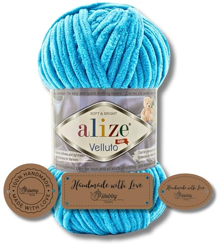 Hobby YARN 3x Etikettenlabel mit Alize Velluto Wolle Premium 1x100g als Set, Dicke Wolle zum Häkeln (Ocean - 16)
