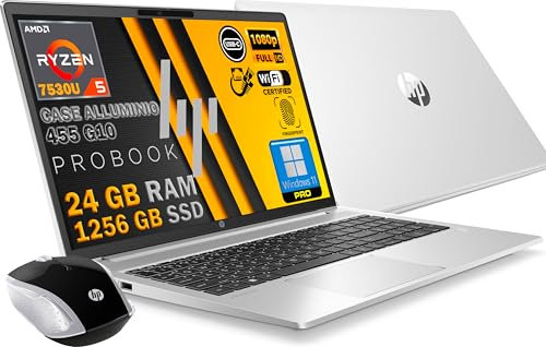 HP Probook 455 G10 Notebook portatile Silver in ALLUMINIO, RAM 24GB, SSD 1256GB, Display FullHD 15.6, Cpu Amd Ryzen 5 7530U da 4,6 GHz, fingerprint, Win11 Pro, MOUSE WIFI