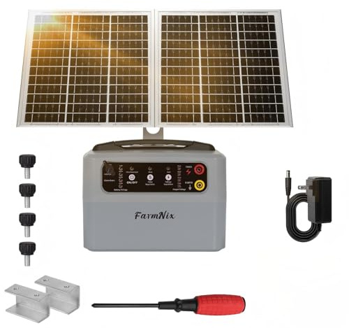 FarmNix Weidezaungerät SOLAR 12V 48KM , 0.3-1.5J, 6KV-12KV Einstellbar Elektrozaungerät,inkl. 15W-Solarpanel, 12V 7Ah Akku & Erdungsset für große und kleine Tiere (grau)