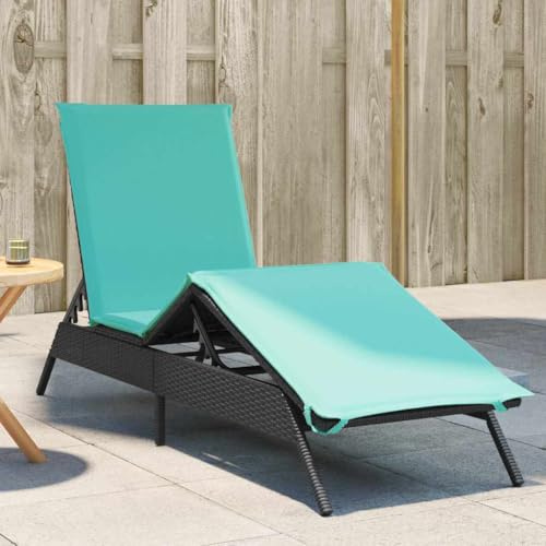 Teenpull Sonnenliege Schwarz aus robustem Polyrattan, verstellbar, 200x59 cm, mit blauem Kissen, UV-beständig, für Garten, Terrasse, Pool, entspanntes Liegen