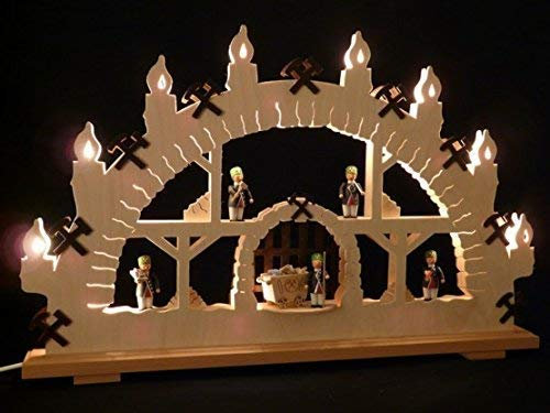 Rudolphs Schatzkiste Schwibbogen mit Bergmänner und Beleuchtung BxHxT 70x43x7cm NEU Lichterbogen Fensterbogen Spitzbogen Erzgebirge Seiffen Weihnachten Licht Holz Dekoration Beleuchtung