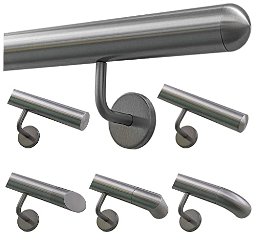 TIBU Handlauf Geländer Edelstahl Ø 42,4 mm - Länge 120 cm - Ende halbrunde Kappe und gewinkelte Halter - Rostfrei für Außen und Innen