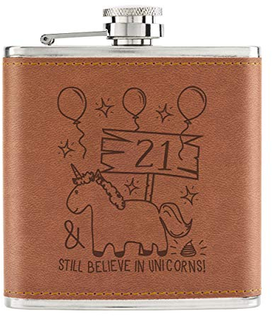 21st Birthday Still Believe in Unicorns 6oz PU Leather Hip Flask Tan