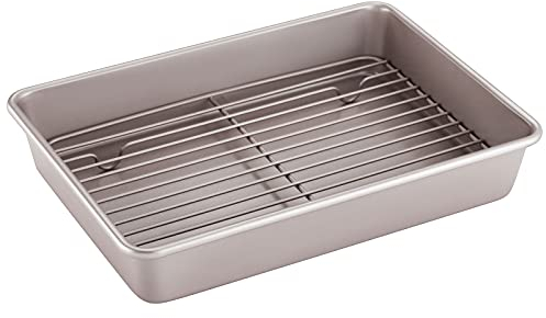 CHEFMADE Bandeja de Horno con con Rejilla Estantes Fuente Horno rectangulares de Acero 34 x 24 cm 13 Pulgadas Antiadherente Acero al Carbono para Hornear Color Oro Champagne