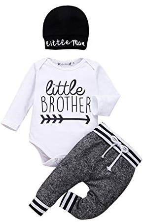 Geagodelia 3tlg Babykleidung Set Baby Jungen Langarm Body + Hose + Mütze Kleinkinder Neugeborene Weiche Warme Baumwolle Babyset Bekleidung (3-6 Monate, Little Brother (Weiß + Grau))