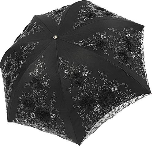 Honeystore Vintage Lace UV Sonnenschirm Faltbarer 3D Blumenstickerei Regenschirm 7338 Schwarz
