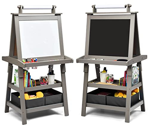 DREAMADE doppelseitige Kinder Staffelei aus Holz, Kinderstaffelei mit Ablage, Kindertafel mit Papierrolle Whiteboard und Kreidetafel, inkl. 2 Stoffboxen (Grau)