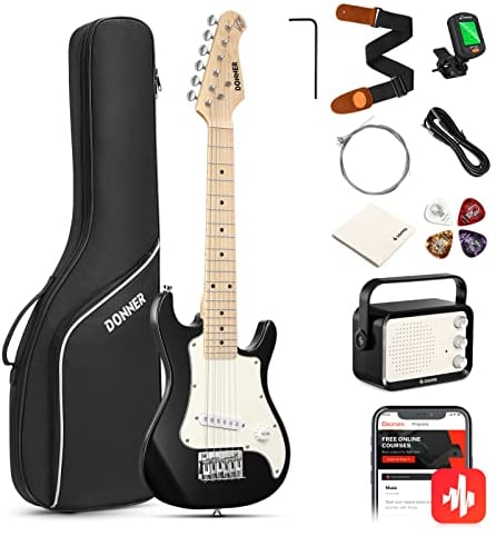 Donner 30 Inch Kids Electric Guitar Beginner Kit Junior ST Style Mini Guitar Premium Bundle with Amp, Tuner, Capo, Bag, Strap, String, Cable (DSJ-100, Black)