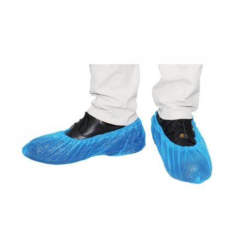 Maimed Schuhüberzieher Einweg - Schuhüberzieher wasserdicht - 100 Stück Überzieher Schuhe 41 x 15 cm, CPE blau, rutschfest, mit elastischem Gummiband