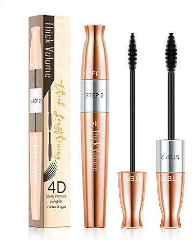 4D Seidenfaser Wimperntusche mit 2 Bürsten,2 in 1 Wimperntusche, wischfest, Kein Verklumpen, Kein Abblättern, Dick & Schwarz, Wasserdichte Wimpern mit extra langen Wimpern, Voluminöse Wimpern (1Stück)