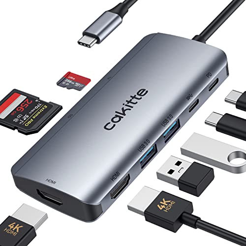 USB C Docking Station, cakitte 8 in 1 USB C to Dual HDMI Adapter with 2 HDMI, 2 USB 3.0, 100W Power Delivery, Type-C 3.1, SD/TF Card Reader, USB C Multiport Adapter for Macbook/Dell/Hp/iPad Pro etc.