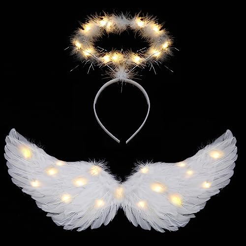 Ptesuply Alas de ángel, alas de ángel iluminadas y halo con luces LED, 3 modos de luz, disfraz de ángel blanco para Halloween, disfraz de Navidad, fiesta de cosplay (mediano, color cálido)