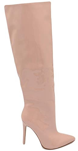Stivale Alto Donna Beige Nude Ecopelle Lucida Effetto calzino con Tacco a Spillo Sottile 12cm Aderente Zip e Punta Moda (36 EU)