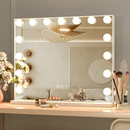 CASSILANDO Eitelkeitsspiegel mit Lichtern Hollywood Make-up Spiegel, großer Eitelkeits beleuchteter Spiegel mit 15 LED Lampen, mit 3 Farbmodi für Schlafzimmer, Tisch oder Wand montiert, 58x46cm