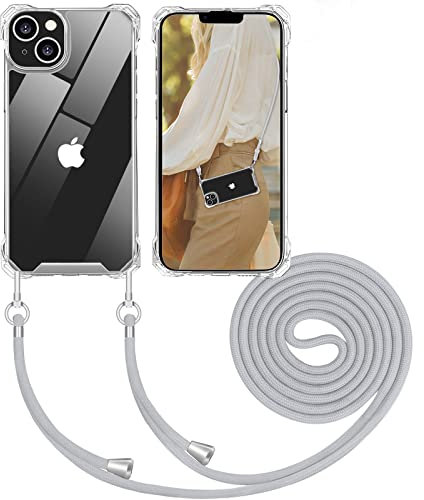 Nupcknn [2 en 1 Coque avec Cordon pour iPhone 14(6.1), Transparent Coque Collier Réglable Téléphone Étui Portable Lanyard Case Protection Complète Cover de iPhone 14(Gris Clair)