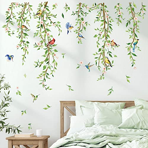 decalmile Wandtattoo Hängende Rebe Wandaufkleber Blätter Grün Pflanzen Vögel auf Ast Wandsticker Schlafzimmer Wohnzimmer Sofa Hintergrund Wanddeko