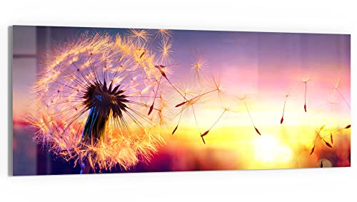 DEQORI Glasbild Echtglas | Motiv Pusteblume im Abendlicht | horizontal einteilig 150x60 cm | schöne Dekoration | Wandbild für Wohnzimmer, Schlafzimmer, Flur & Küche | moderne Wanddeko