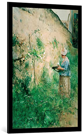 kunst für alle Bild mit Bilder-Rahmen: Carl Larsson Die alte Mauer - dekorativer Kunstdruck, hochwertig gerahmt, 65x100 cm, Schwarz matt
