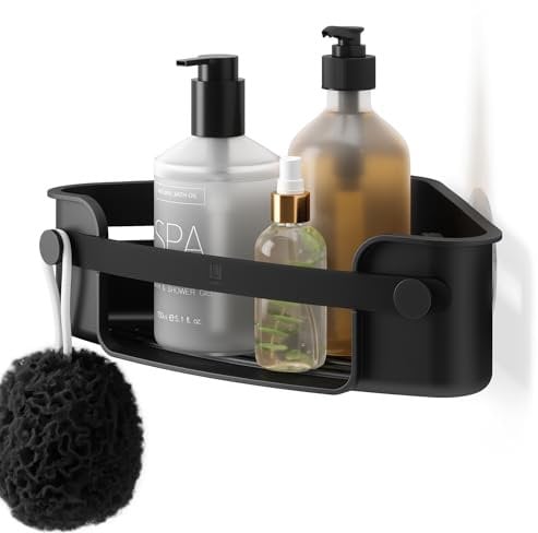 Umbra Flex Eckduschablage zum Kleben, Rostfreies Eckduschregal für Shampoo, Spülung, Duschgel, Seife, Luffaschwamm, Rasierer und Mehr, ohne Bohren, Schwarz