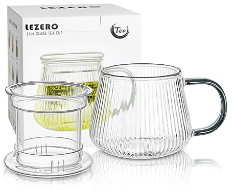 Lezero Tee-Ei Tasse mit Filter und Deckel, Borosilikatglas-Tassen mit Sieb für blühende und lose Blätter, bleifrei, mikrowellen- und spülmaschinenfest, 400 ml
