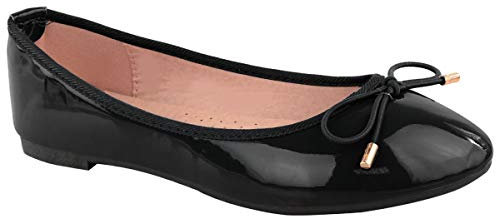 Womens Flat Pumps Ladies Girls Dolly Dollie Ballet Ballerina Work Smart Office Formal Comfort Bow Round Toe Slip On Flats Shoes Black Patent