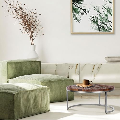 WOMO-DESIGN Couchtisch Surabaya Ø 70x35 cm, Rund, Unikat, handgefertigt, Massivholz, Akazienholz, Natur/Nickel-Finish, stabil & robust, Moderne Beistelltisch, Wohnzimmertisch Kaffeetische Sofatisch