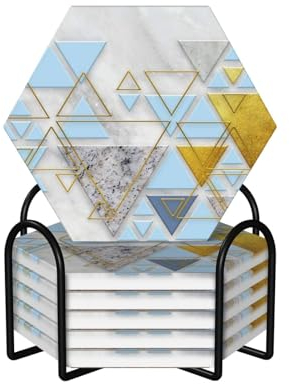 Untersetzer aus Keramik, abstraktes geometrisches Muster, 6er-Set, sechseckige, rutschfeste Getränkeuntersetzer mit saugfähigem Korkboden und Metallhalter