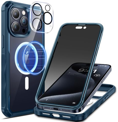 seacosmo Magnetic iPhone 15 Pro Max Case with Privacy Screen Protector and Camera Lens Protector, Full Body Shockproof Protective Phone Case Compatible with MagSafe for iPhone 15 Pro Max - Blue