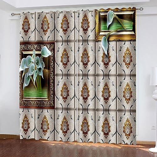 Skcess Fenstergardinen, Curtains for Bedroom Braungelb Tulpen-Ölgemälde-Stil Vorhang Polyester Gardinen 2er Set 107x115cm(WxH)