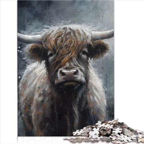 Charcoal Highland Cow Jigsaw Puzzle - 1000 Pieces Challenging IQ Test Brain Teaser for Adults, Boys, Girls - Size 26x38cm