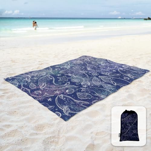 Sunlit Tapis/couverture de plage avec poches sur les côtés et sac en maille - ne retient pas le sable - pour plage, fête, voyage, camping et extérieur - Baleines bleues (270 x 205 cm)