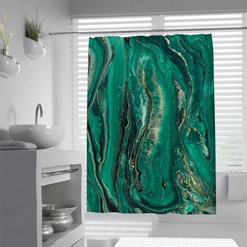 LANDERSION Rideau de Douche en marbre Vert foncé Rideau de Douche Abstrait de Luxe Moderne pour la Salle de Bain de Ferme Conception de Tissu imperméable à l’Eau Taille Standard W200 x L200cm