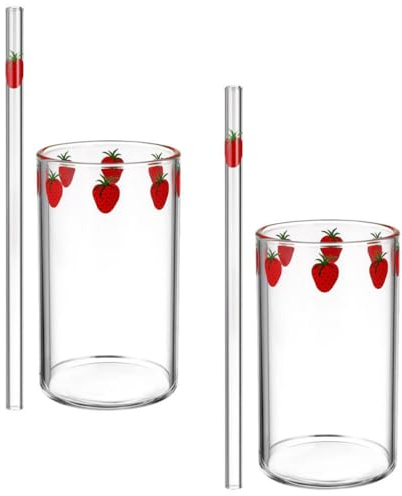 Warmhm 2 Ensembles Verre De Fraise Tasse Deau En Verre De 300 Ml Bouteille De Paille Claire Tasse En Esthétique Stockage Jus Un Voyage