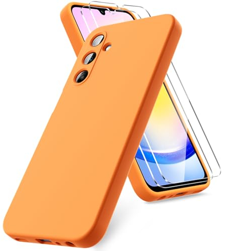 Vansdon Funda Compatible con Samsung Galaxy A25 5G, 2 Unidades Protector Pantalla Cristal Templado, Silicona Líquida Gel Ultra Suave Funda- Naranja