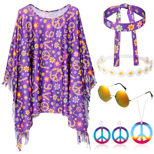 HICARER 6 Stück 70er Jahre Outfit Damen Hippie Kostüm Set inklusive Hippie Poncho Peace Halskette und Ohrringe Stirnband Sonnenbrillen 60er 70er Jahre Flower Power Karneval Kostüm