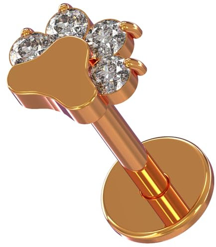 AZARIO LONDON Rose Gold Anodized G23 Grade Titanium Dog Paw with Cz Stone Top 16 Gauge - 8mm Length Push Fit Labret - Tragus Bar Piercing - Labret Stud Helix - Tragus Earring