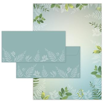Briefpapier-Set 50 Designpapier DIN A4 + 50 Umschläge DIN-lang haftklebend Motiv Grün mit Eukalyptus Blättern beidseitig beschriftbar und bedruckbar für Einladung Briefpost Firmenpost Urkunde