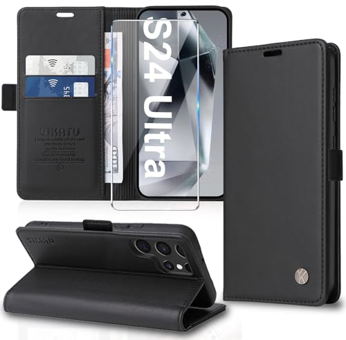 für Samsung Galaxy S24 Ultra Hülle mit S24 Ultra Schutzfolie Leder Klapphülle Handyhülle Samsung S24 Ultra Hülle Ständer Kartenfach Flip Case Klappbar Schutzhülle für Samsung S24 Ultra 5G (Black)