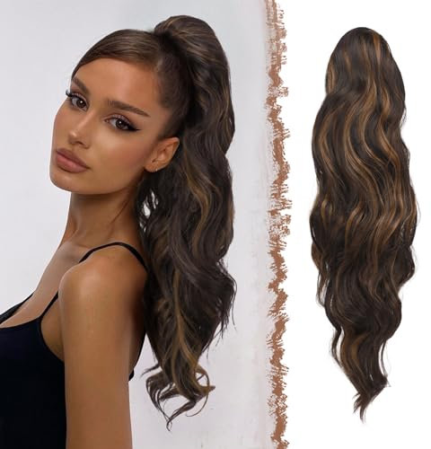 FESHFEN Pferdeschwanz Haarteil Haarverlängerung mit Kordelzug 60cm Pferdeschwanz Verlängerung Synthetik Wellig Locken Haarteil Ponytail Extension für Frauen, Schwarz und Karamellbraun