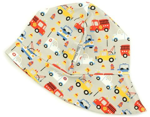 Kleine Könige Sonnenhut Sommer Mütze Baby Jungen · Modell Polizei Feuerwehr Autos Happy Cars hellgrau · Ökotex 100 Zertifiziert · Größe 110/116