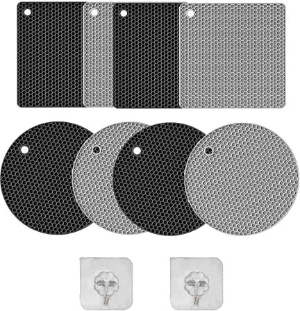 Lot de 8 dessous de plat en silicone avec crochets - Passe au lave-vaisselle - Pour ustensiles de cuisine (noir + argent)