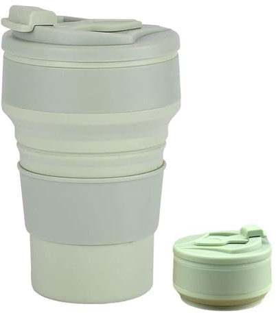Taza de viaje plegable, vaso aislado de silicona portátil, taza de café con tapa a prueba de fugas, reutilizable para aventuras al aire libre, senderismo, camping y viajes (verde, 500 ml)
