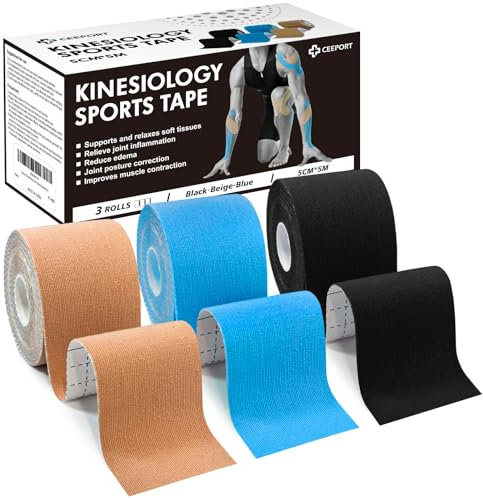 Ceeport Kinesiologie Tape (5cm x 5m, 3 Rollen) Elastisches Kinesiotapes Muskelband für Gelenk und Muskelunterstützung, Schulter, Knöchel, Ellbogen, Handgelenk, Knieschmerzlinderung(Schwarz+Beige+Blau)