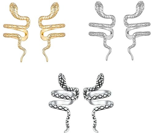 HinDaLi 3 Paires Boucles d'oreilles Serpent Femme Faux Piercing Boucles d'oreilles Clips Fille Boucles d Oreilles Femme Serpent Or Boucles d'oreilles Non Percées Noir Boucles d'oreilles en Argent