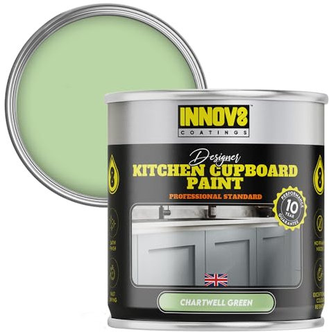 INNOV8 COATINGS DESIGNER KITCHEN CUPBOARD PAINT - DIY - NO PRIMER OR TOP COAT - SATIN Finish - 750 ml - Chartwell Green - Fast Dry - CABINET, FURNITURE, WOOD, MDF, PLASTIC & METAL