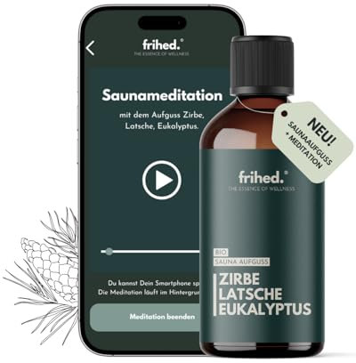 frihed.® Bio Saunaaufguss Zirbe, Latsche & Eukalyptus mit App Meditation - Hochkonzentriertes Saunaöl - befreiend - Langanhaltender Duft - Made in Lüneburg