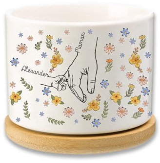 Zeekisfia Pot de Fleur en Céramique Personnalisé avec Nom, Pot de Fleur Exterieur et Interieur, Cadeau Original pour Maman Femme Jardinage Anniversaire Fête des Mères, 2 Noms