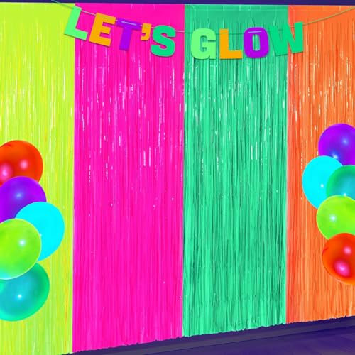 4 Pcs Multi-color Fluorescent Foil Fringe Curtain, 3.3 x 6.6 Ft Glow in the Dark Party Supplies Party Decor Steamers for Neon Theme Birthday Decorations Photo Backdrop