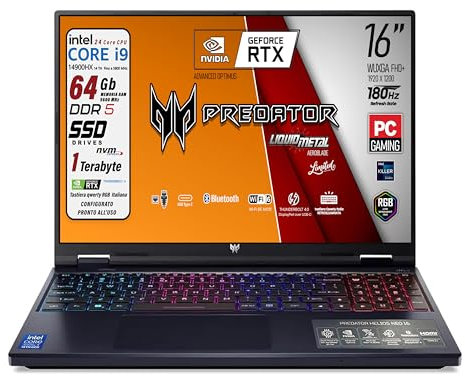 acer Predator Helios Neo Notebook Gaming, Intel Core i9-14900HX, 24core fino a 5,8 GHz, RAM 64Gb DDR5 5600MHz, SSD PCI Nvme 1Tb, Display 16 WUXGA IPS 180Hz, Nvidia RTX 4060, Win 11, Preconfigurato